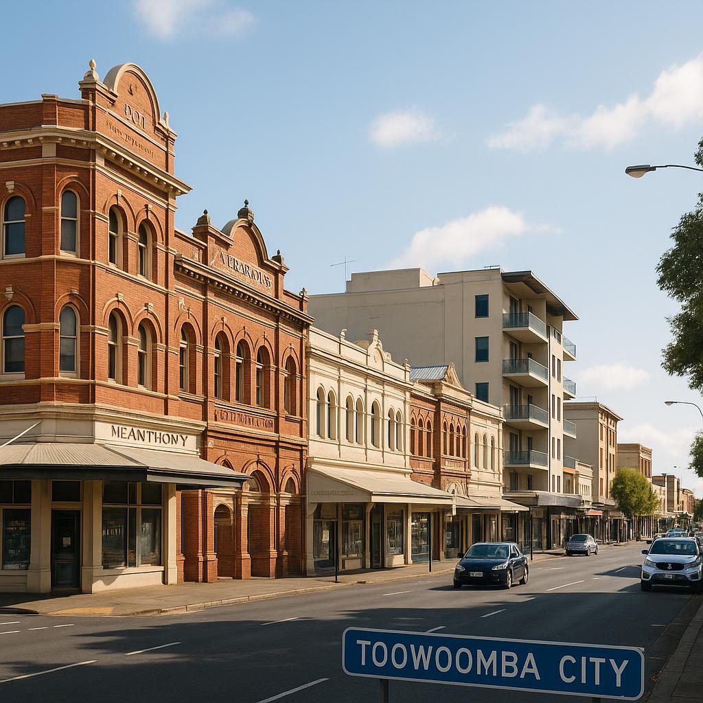 Toowoomba City CBD streetscape with mixed character and commercial buildings