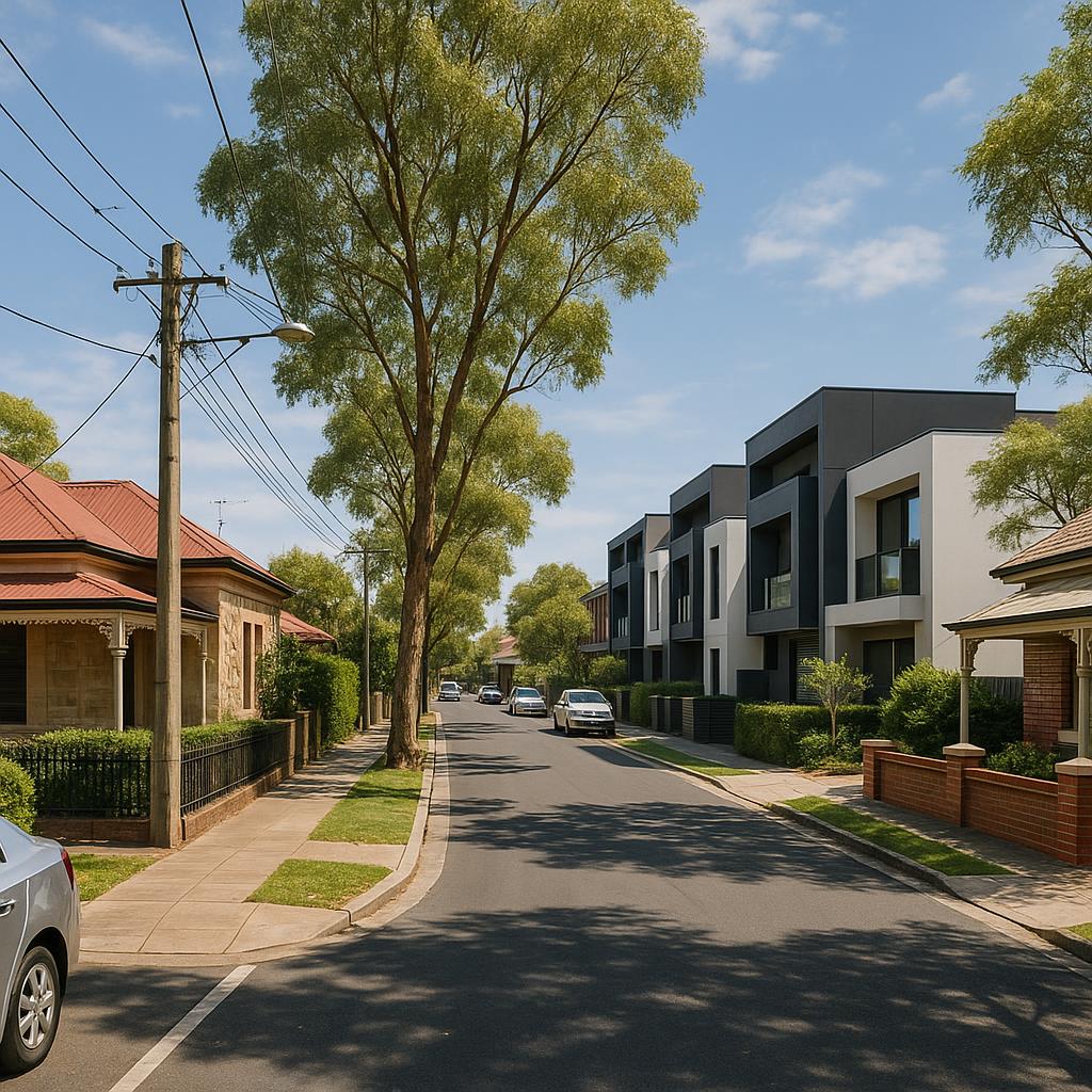 Inner-west Adelaide streetscape with character homes and modern townhouses