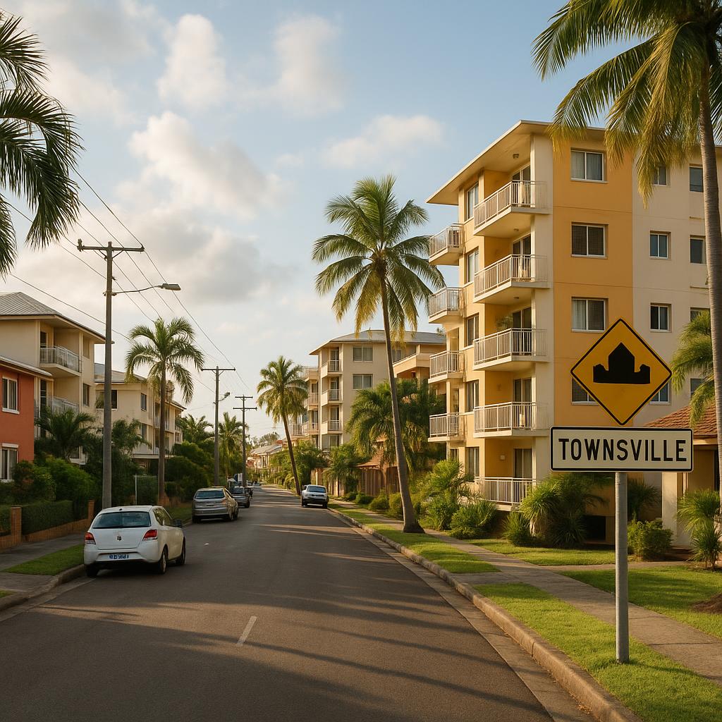 Inner-city Townsville streetscape with low-rise apartments near the CBD