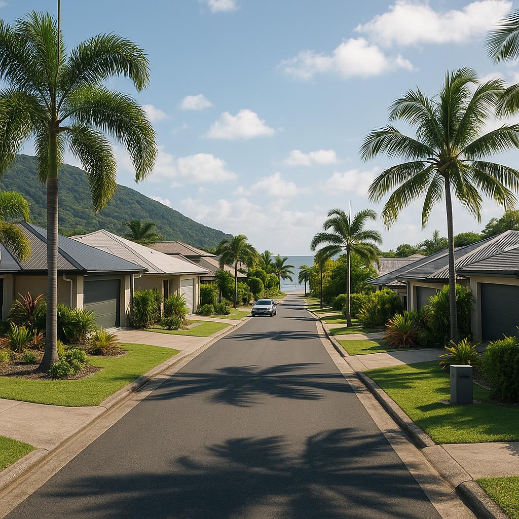 Trinity Beach coastal streetscape with homes and tropical greenery