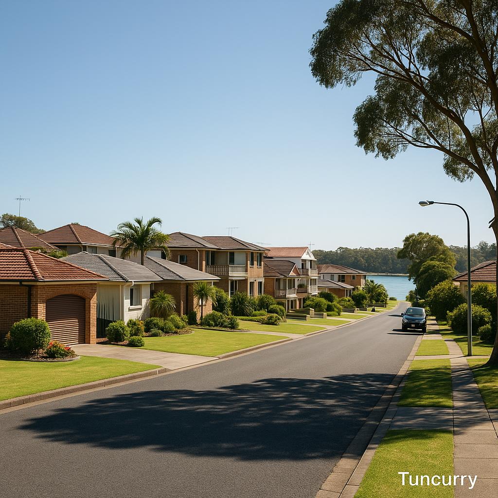 Tuncurry NSW coastal suburb streetscape with established homes near the water