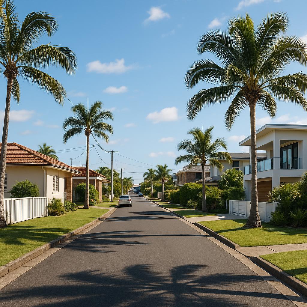 Coastal Tweed Heads streetscape with low-rise homes and palms