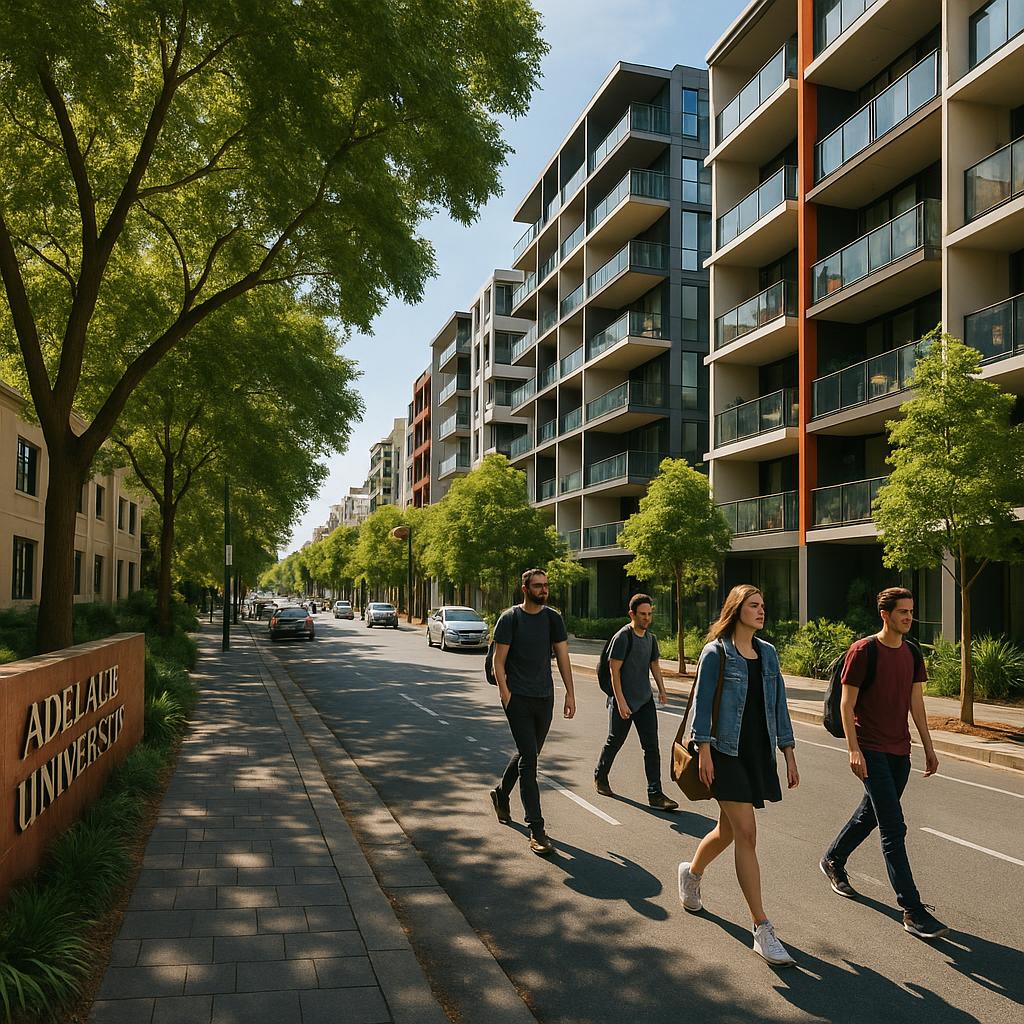 Inner-city Adelaide streetscape near a university precinct with apartments and pedestrians