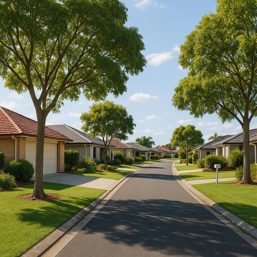Upper Coomera family suburb streetscape with detached homes
