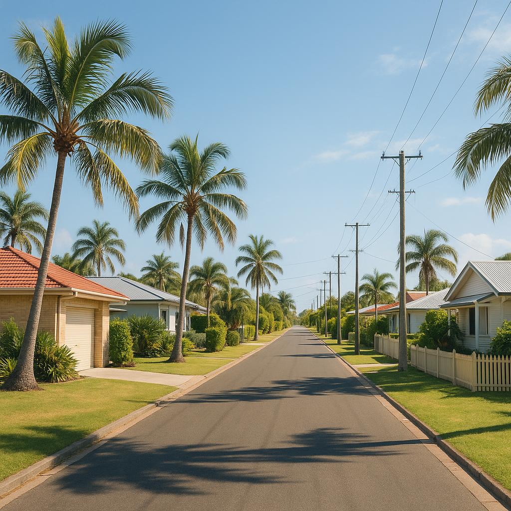 Coastal residential street in Urangan with palms and detached homes