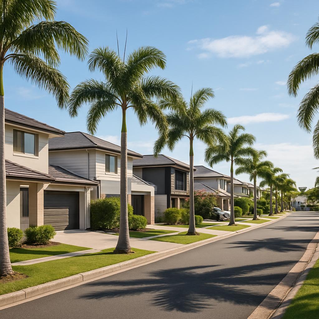 Varsity Lakes suburban streetscape with modern homes and palm trees