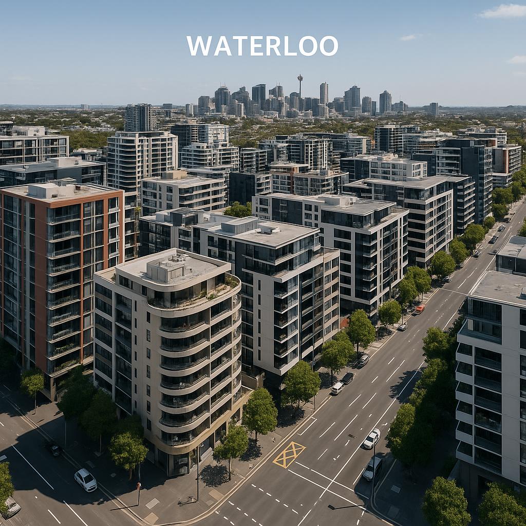 Aerial view of Waterloo NSW apartment towers and urban streetscape