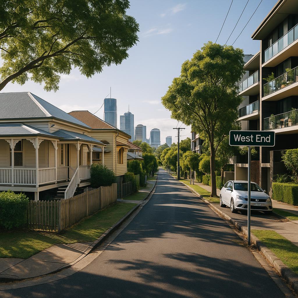 West End Brisbane streetscape with character homes and apartments
