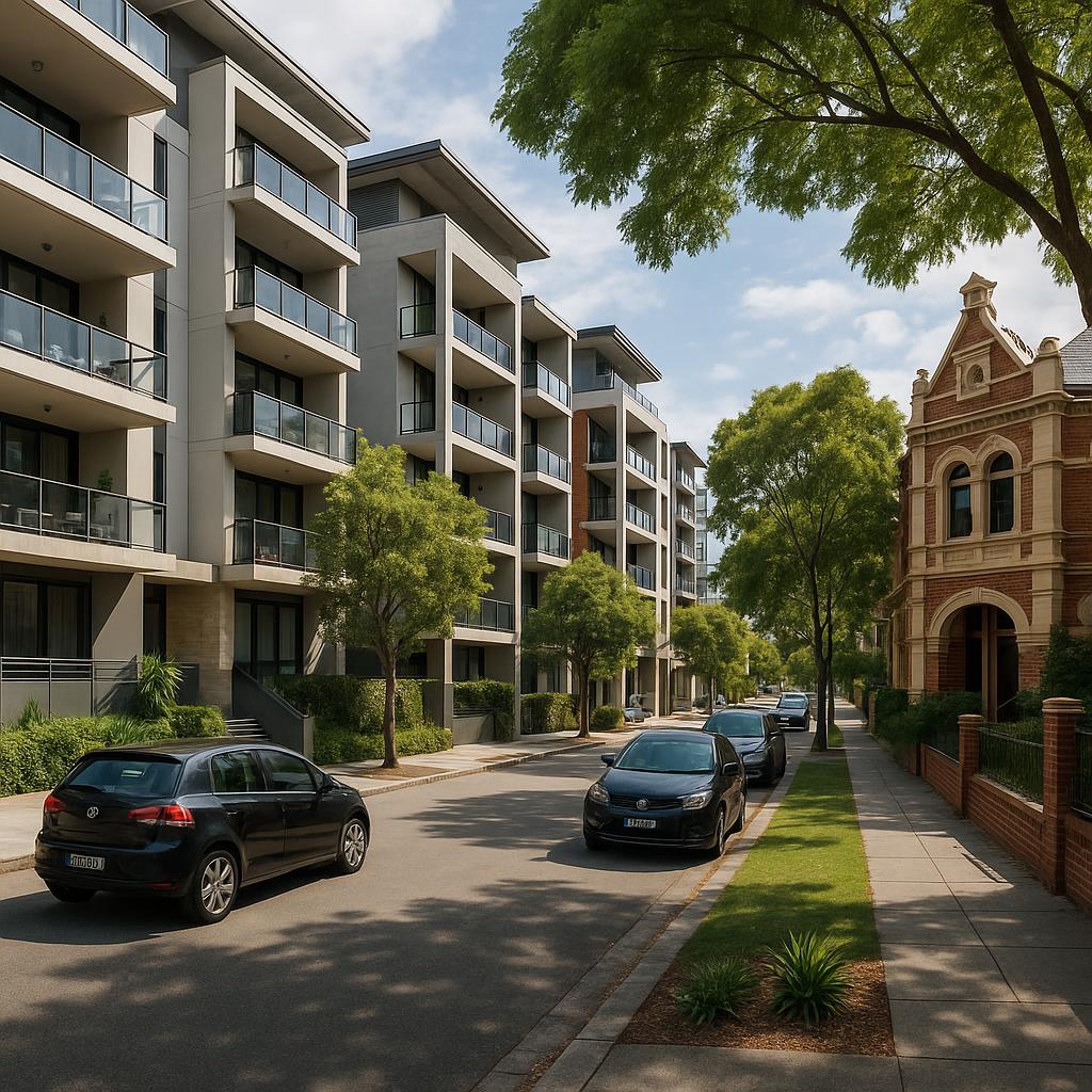West Perth inner-city streetscape with apartments and heritage details