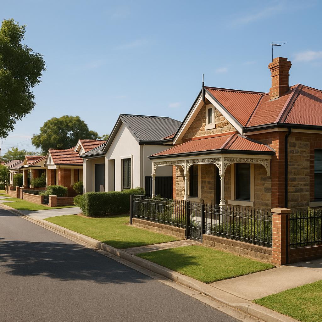 Established suburban street scene in Woodville SA with mixed housing styles