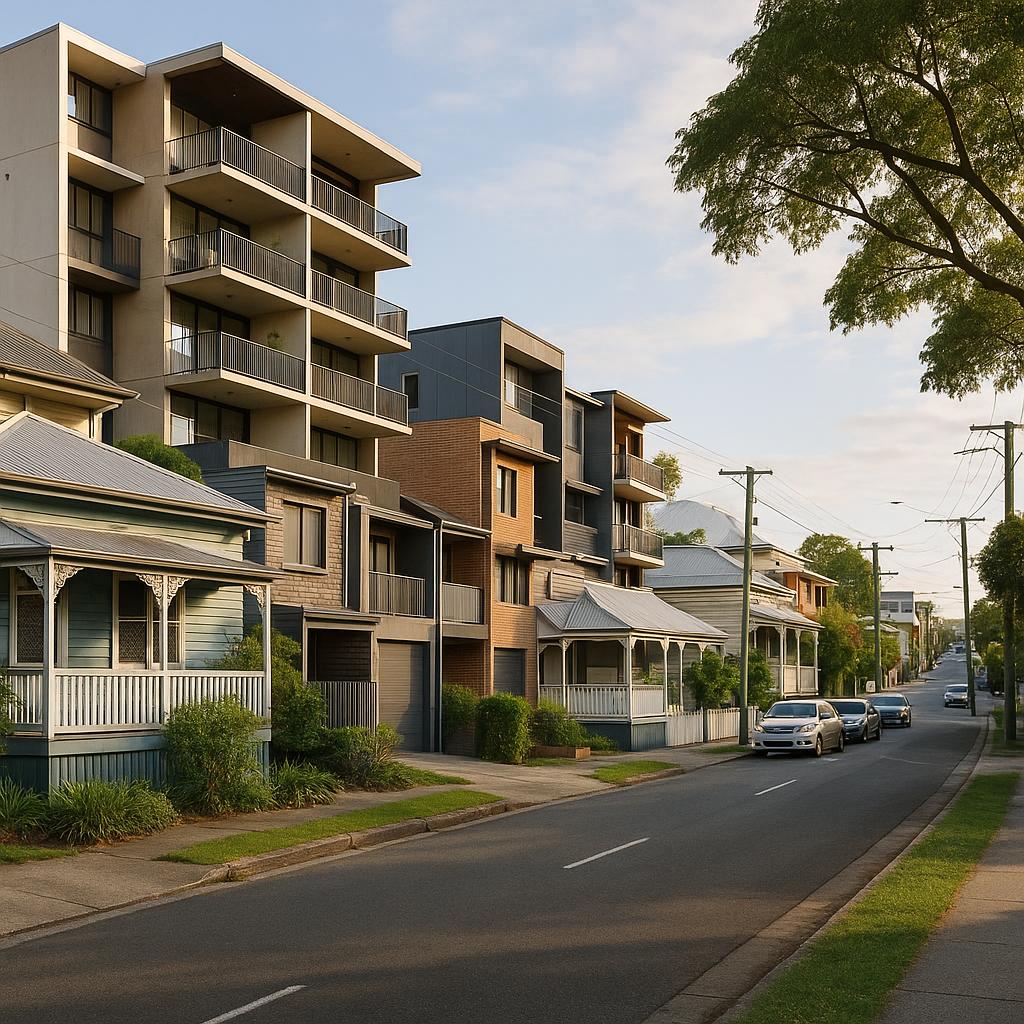 Inner-city Woolloongabba streetscape with mixed housing and urban amenity