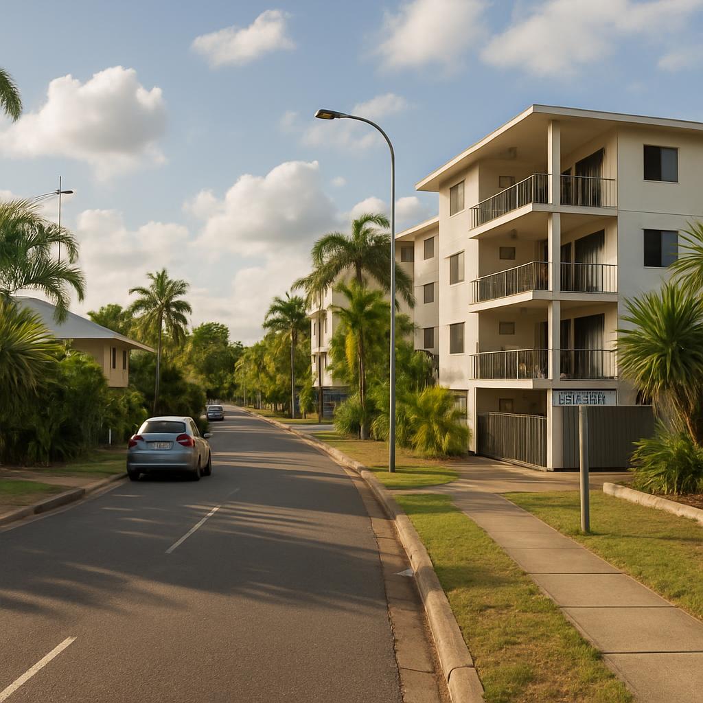 Inner-suburb Woolner streetscape with low-rise homes and tropical greenery