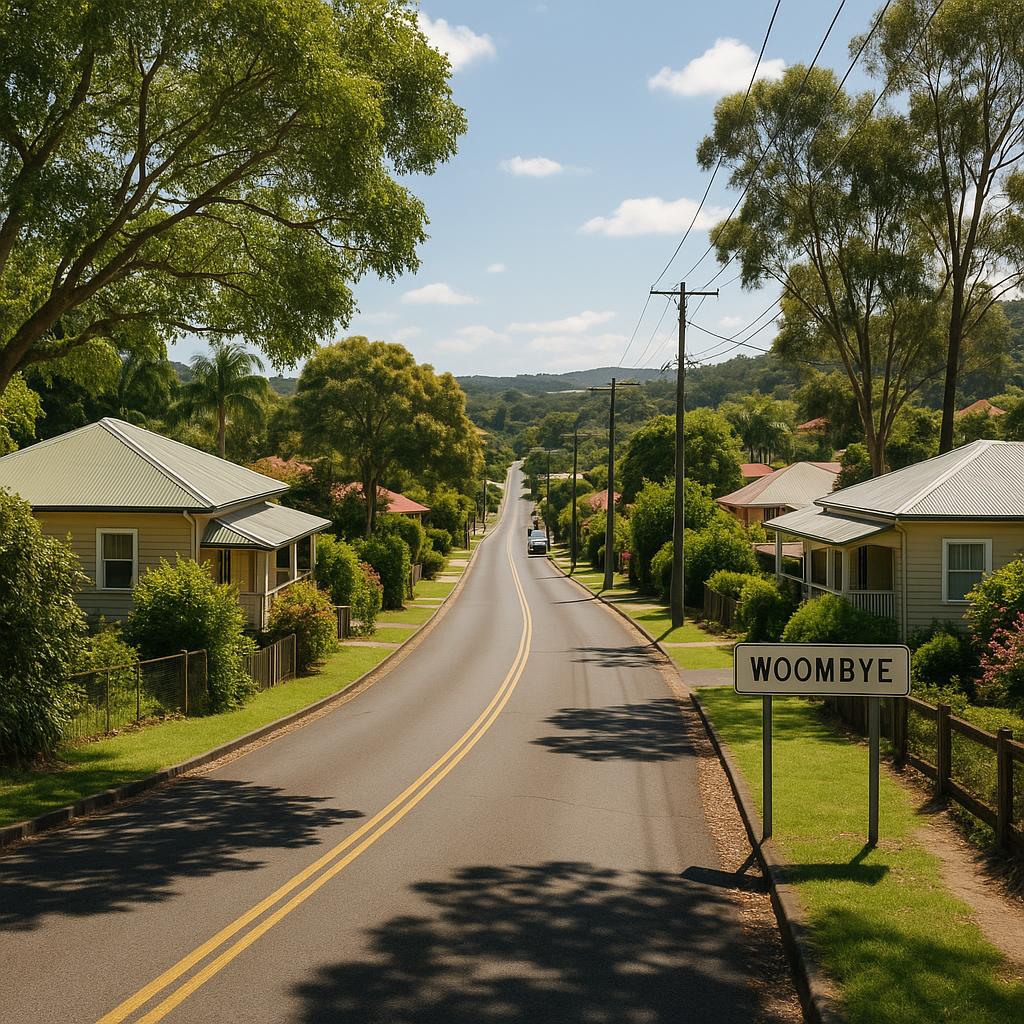 Woombye hinterland street with leafy homes and village atmosphere