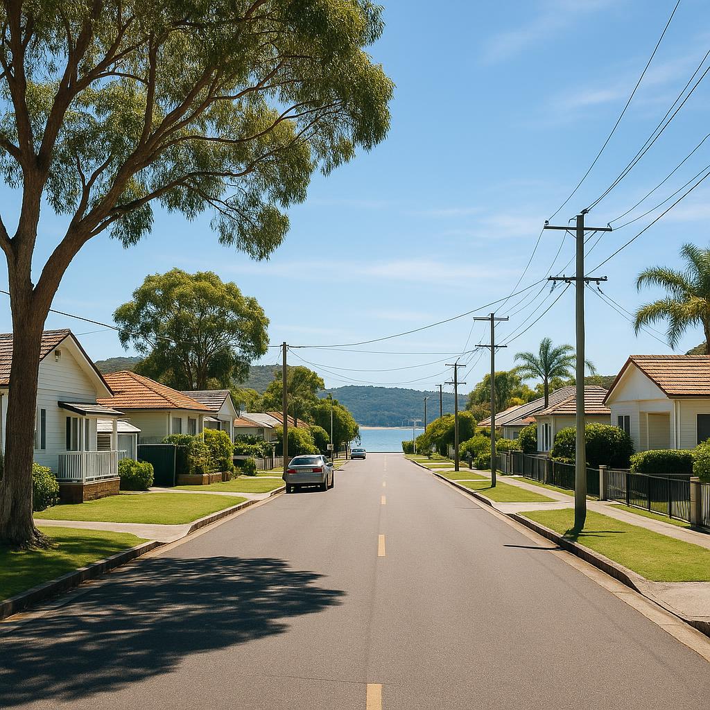 Woy Woy coastal streetscape with low-rise homes and leafy streets