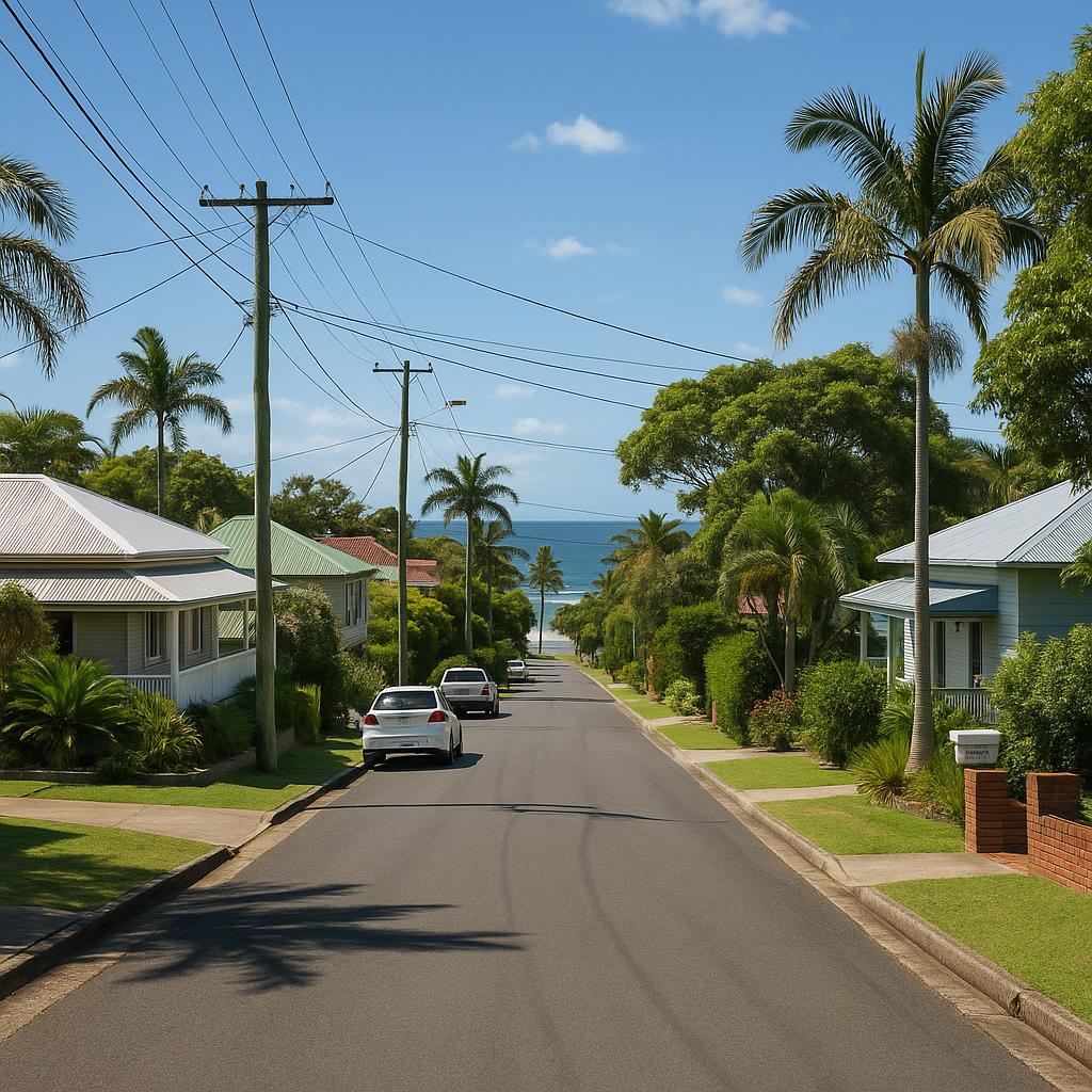 Yamba coastal streetscape with low-rise homes and greenery