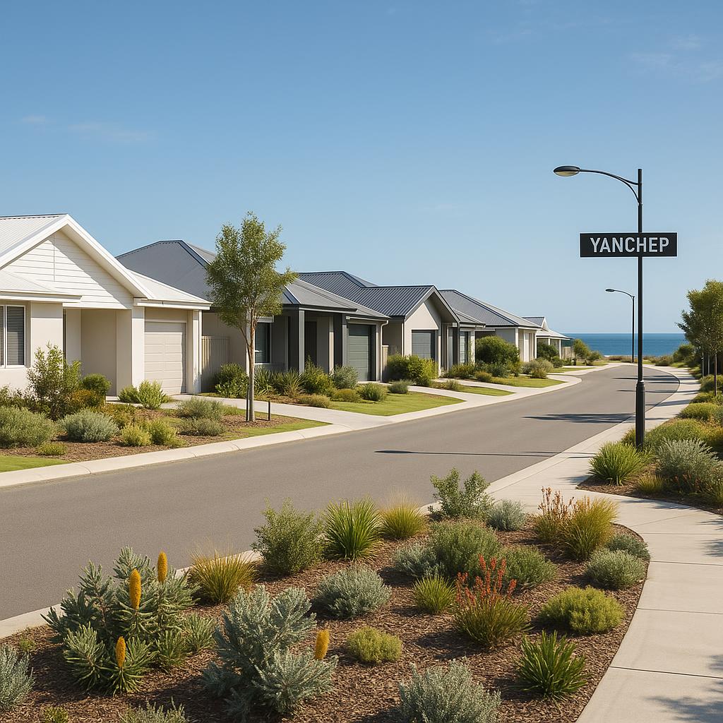Photorealistic coastal suburban streetscape in Yanchep WA near modern family homes