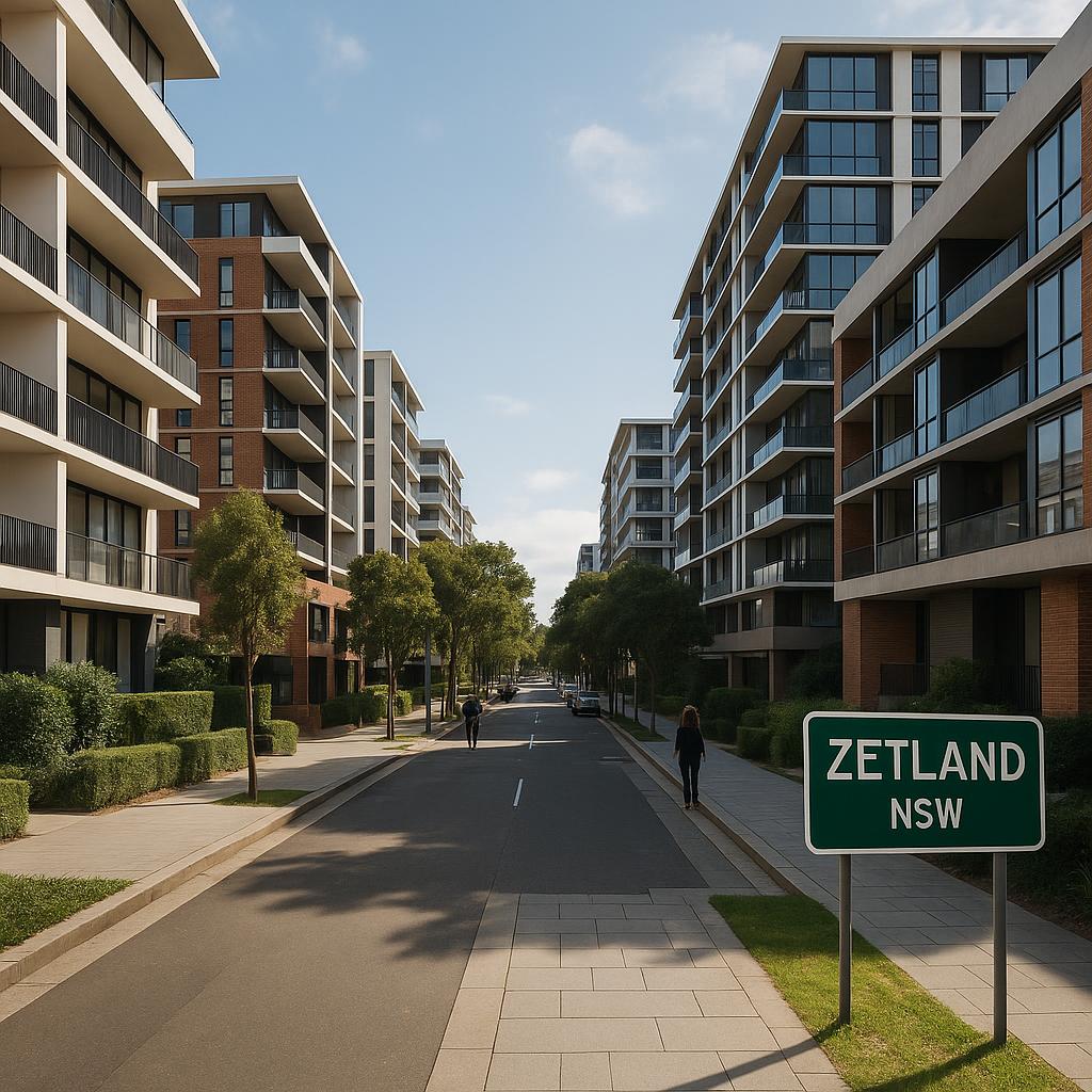 Modern Zetland apartment streetscape in inner-south Sydney