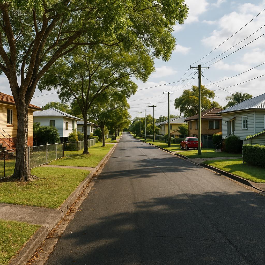 Established Zillmere suburban street with mixed housing and mature trees