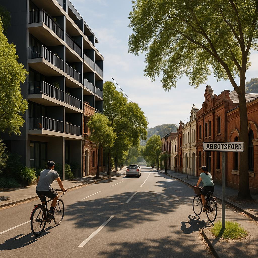 Abbotsford VIC streetscape with apartments and leafy inner-city atmosphere