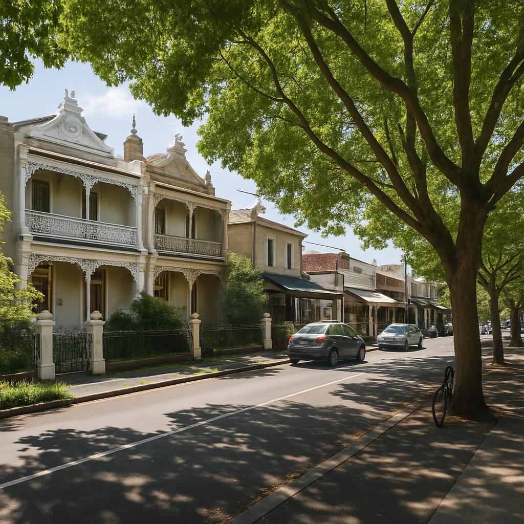 Elegant inner-Melbourne streetscape with period homes and leafy trees