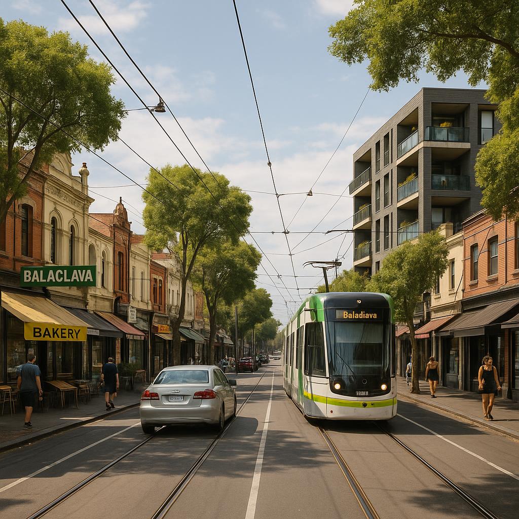 Balaclava VIC streetscape with apartments and tram line