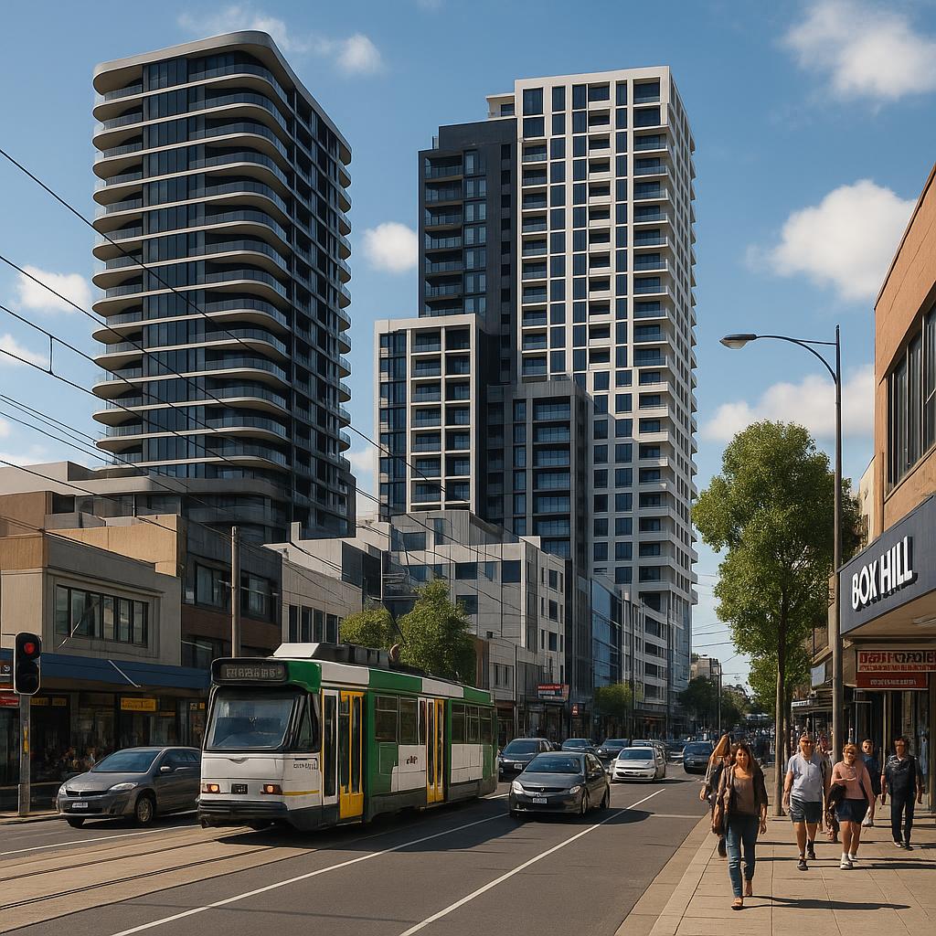 Box Hill Melbourne streetscape with apartments and transport precinct