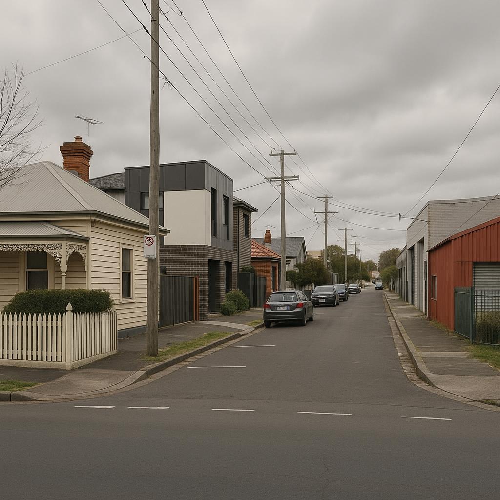 Inner-west Melbourne streetscape with mixed housing and industrial edges