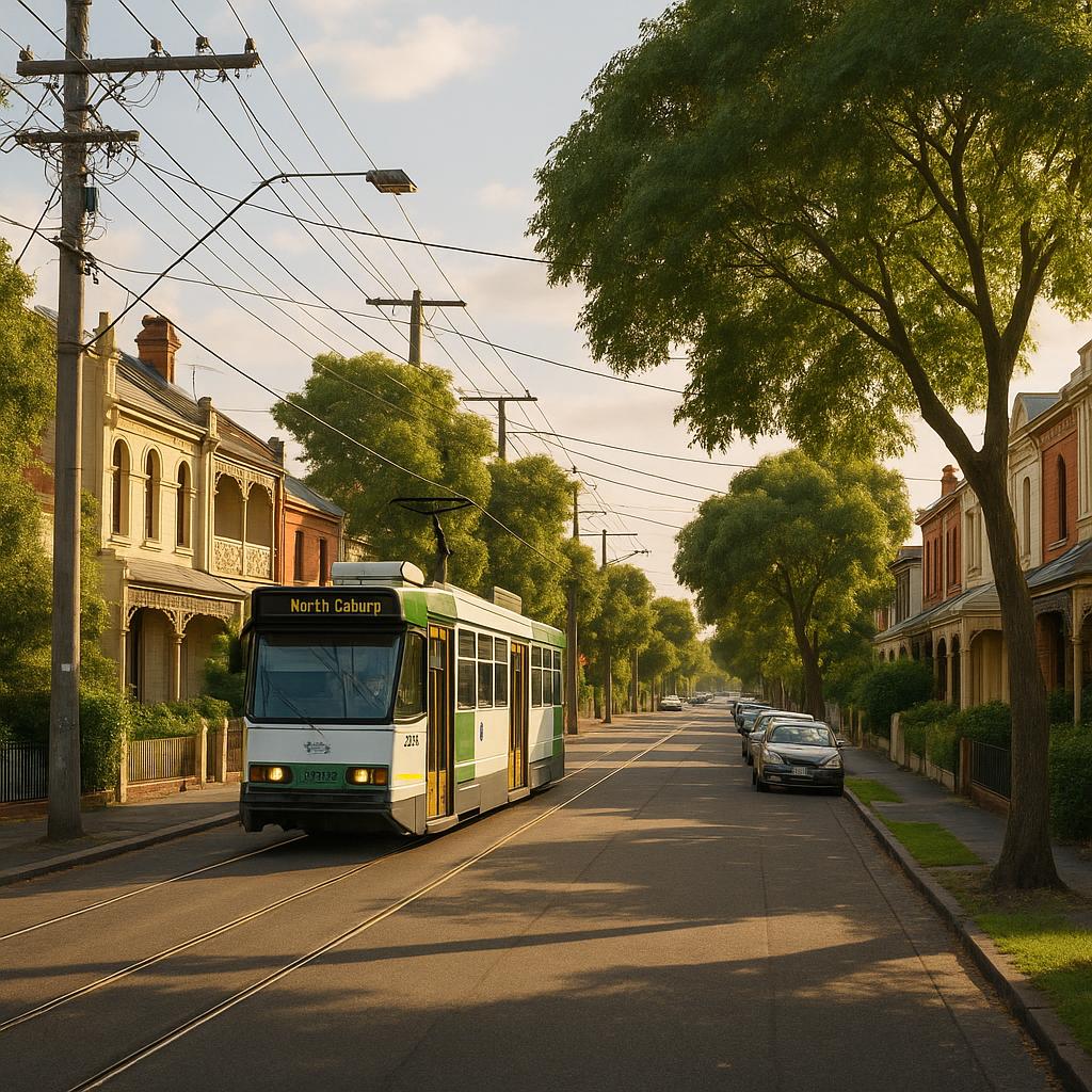 Brunswick East streetscape with trams, townhouses, and leafy character