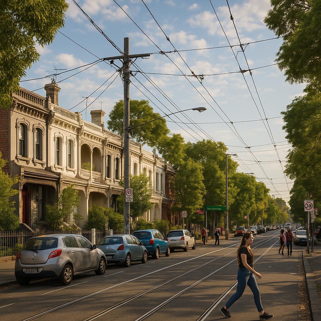 Brunswick street with terraces, tram lines and urban village atmosphere