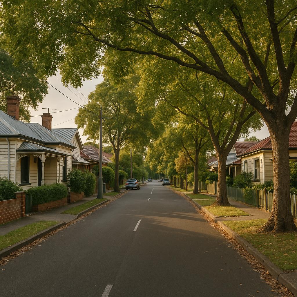 Brunswick West streetscape with established homes and leafy trees