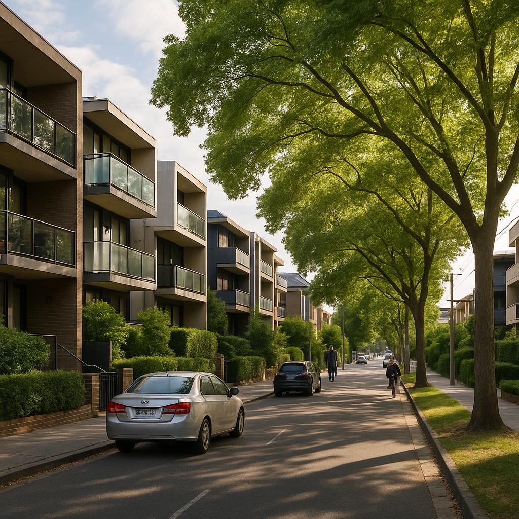Inner-east Melbourne suburb street with apartments and leafy trees