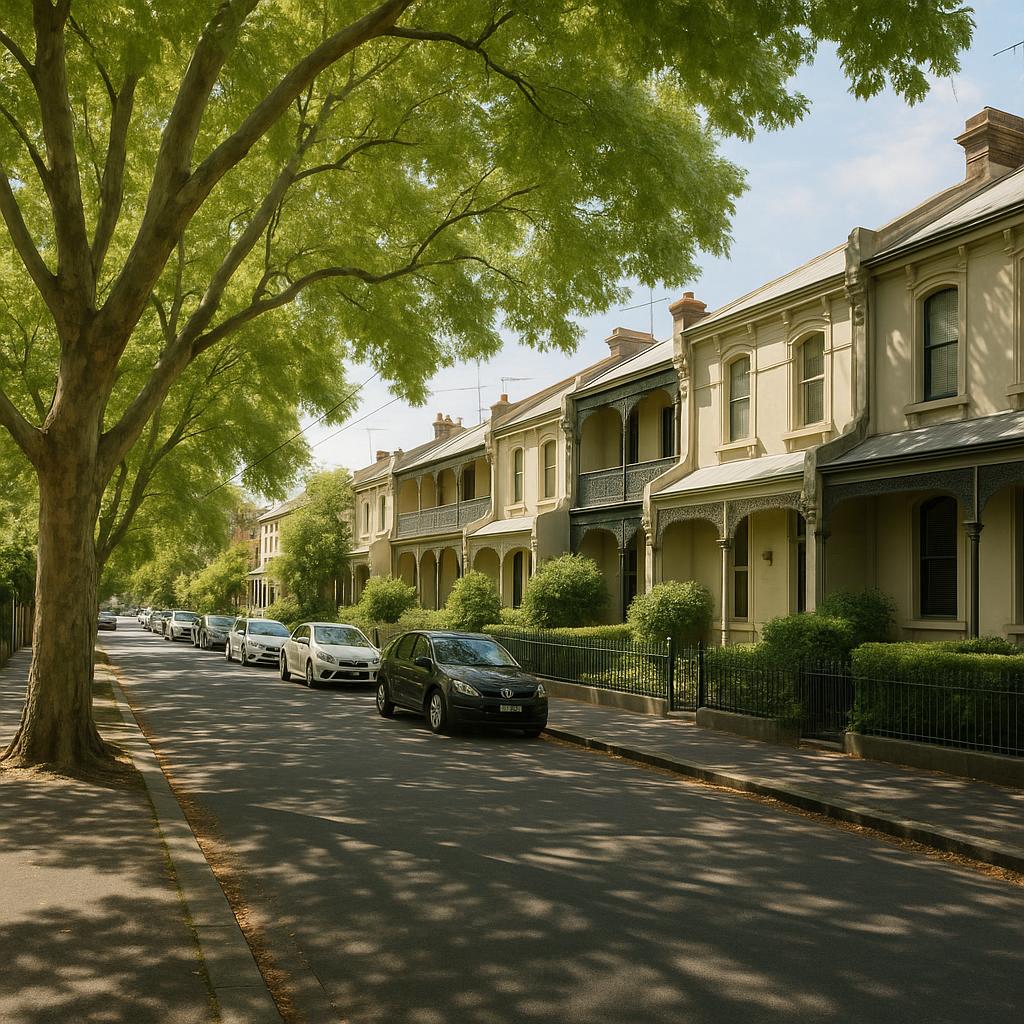 Carlton North heritage streetscape with terrace houses and leafy trees