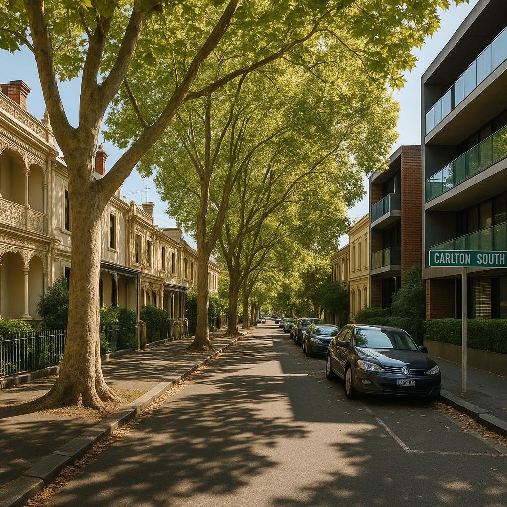 Carlton South streetscape with heritage terraces and modern apartments