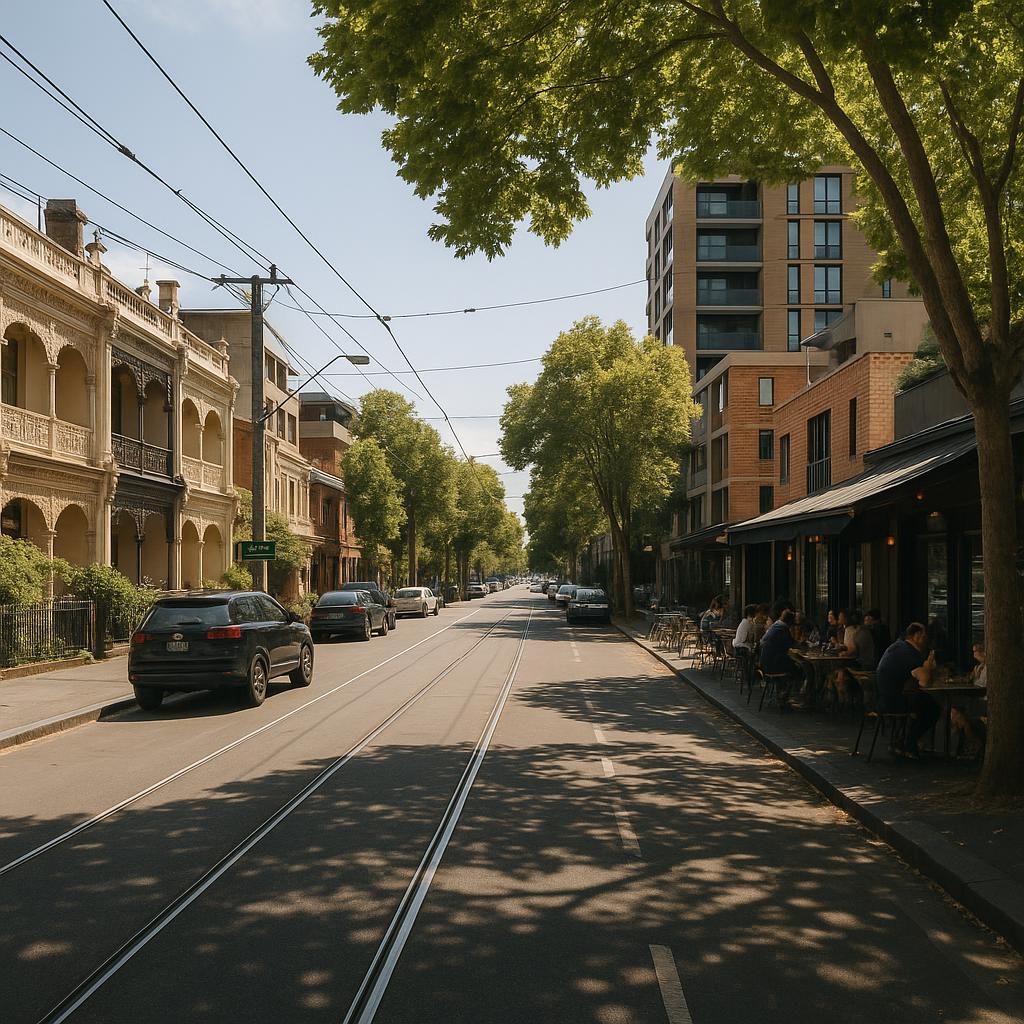Carlton street with terraces, apartments, tram and leafy inner-Melbourne character