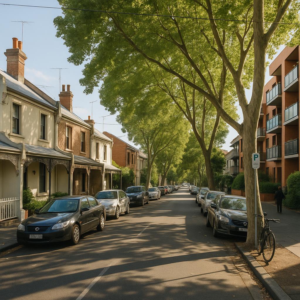 Inner-Melbourne streetscape with terraces and apartments in Collingwood North VIC