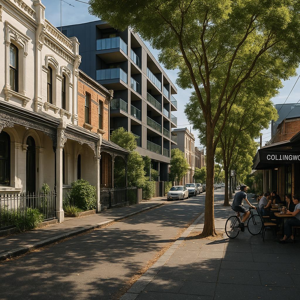 Collingwood VIC streetscape with terraces and apartments