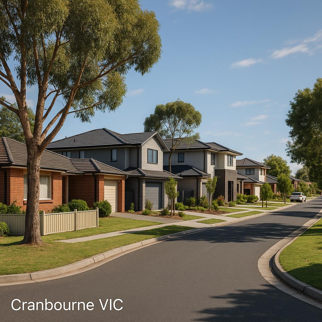 Cranbourne VIC suburban streetscape with family homes and newer housing