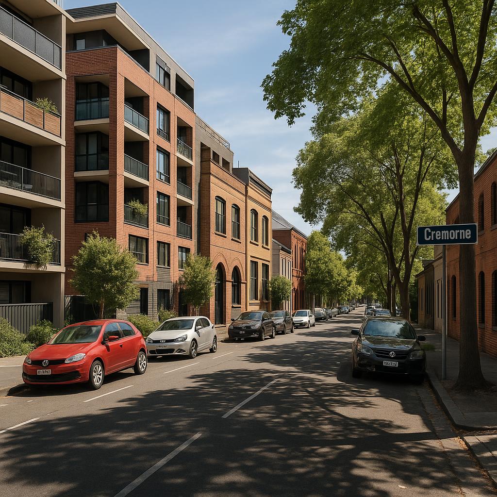 Cremorne inner-city Melbourne streetscape with apartments and converted buildings