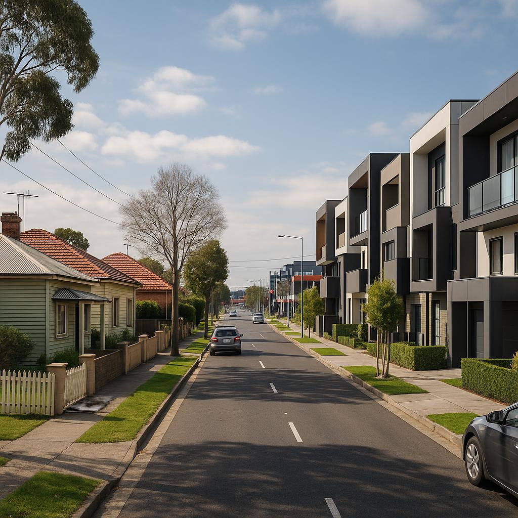 Dandenong VIC streetscape with mixed housing near a busy activity centre