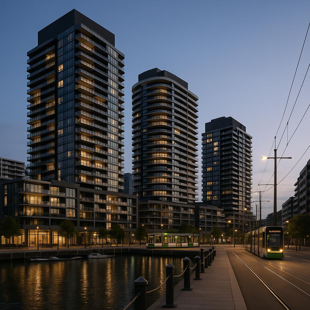 Docklands waterfront apartment precinct with modern towers and tram access