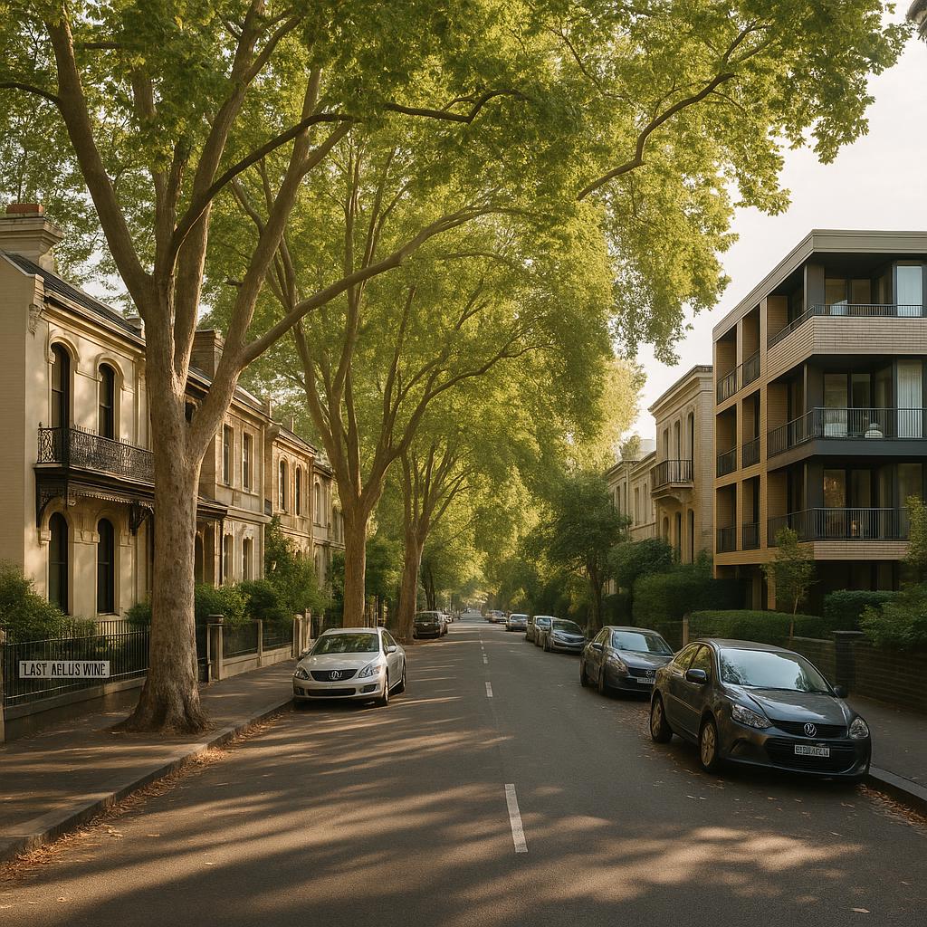 East Melbourne streetscape with heritage terraces and leafy inner-city character
