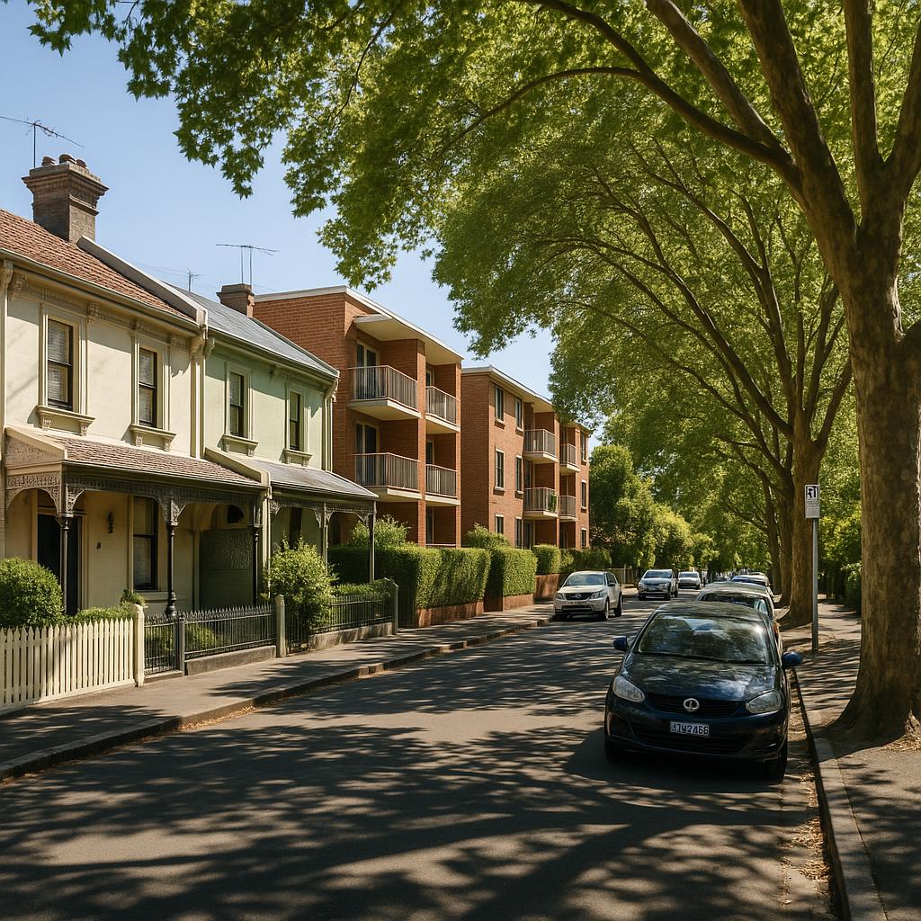 Flemington VIC streetscape with terraces and apartments