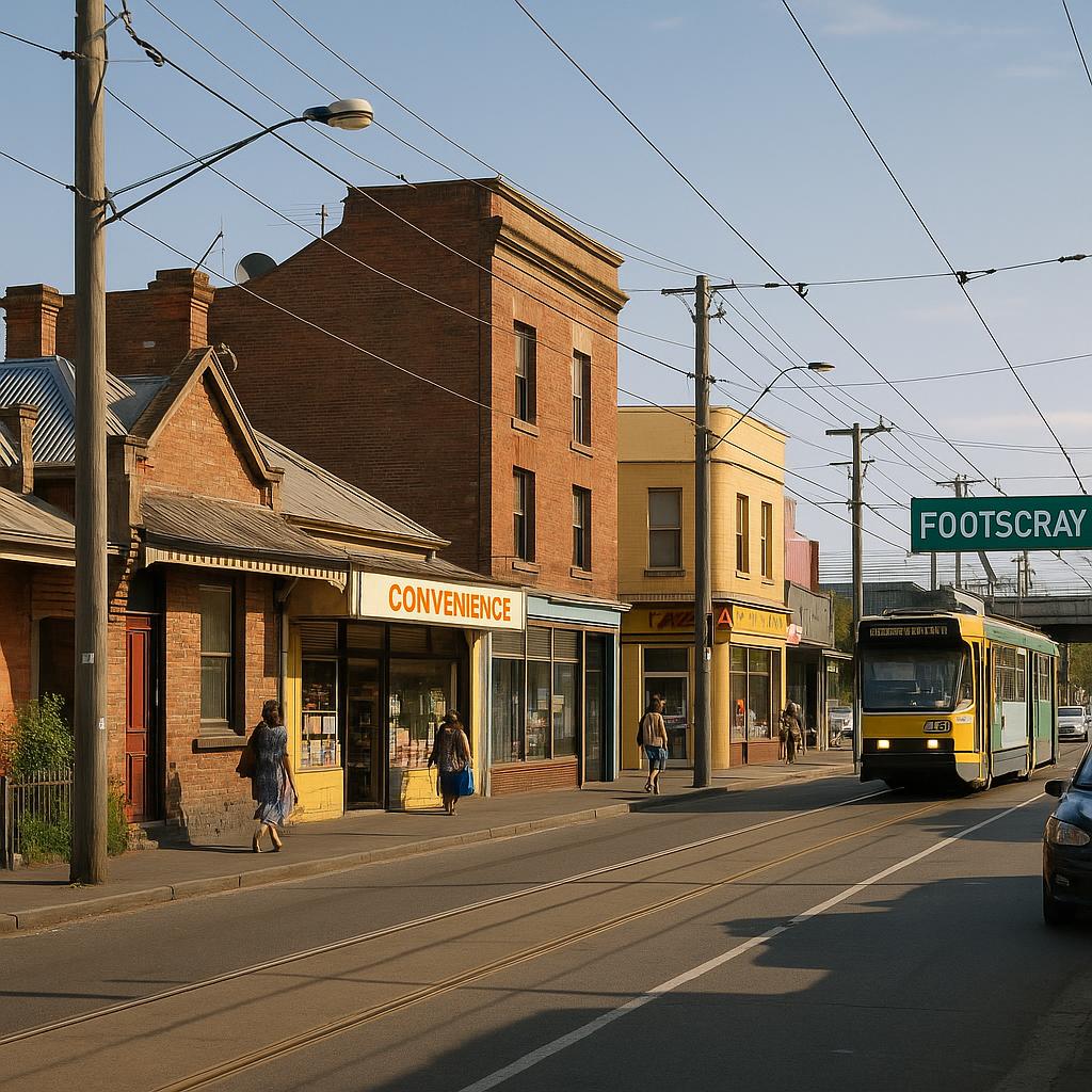 Photorealistic Footscray streetscape with mixed housing and inner-west urban character