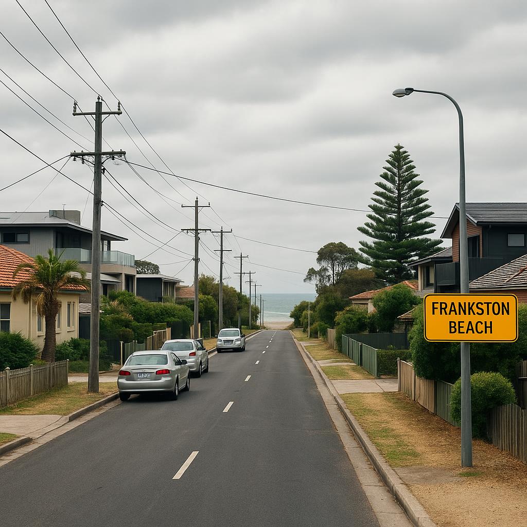 Coastal Frankston streetscape near the beach with homes and soft daylight
