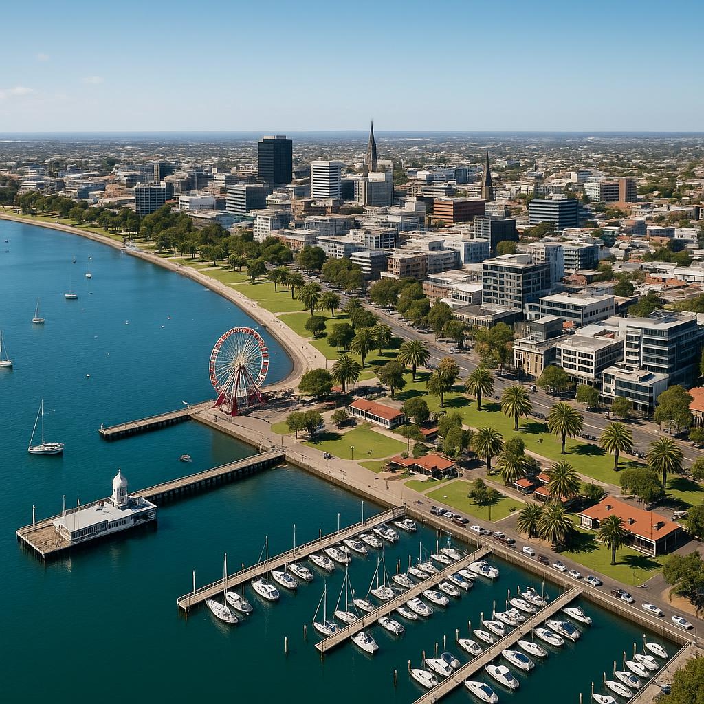 Aerial view of Geelong waterfront and city skyline