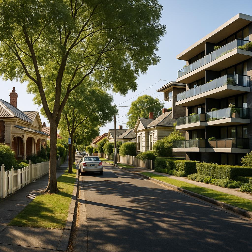 Hawthorn East streetscape with period homes and modern apartments