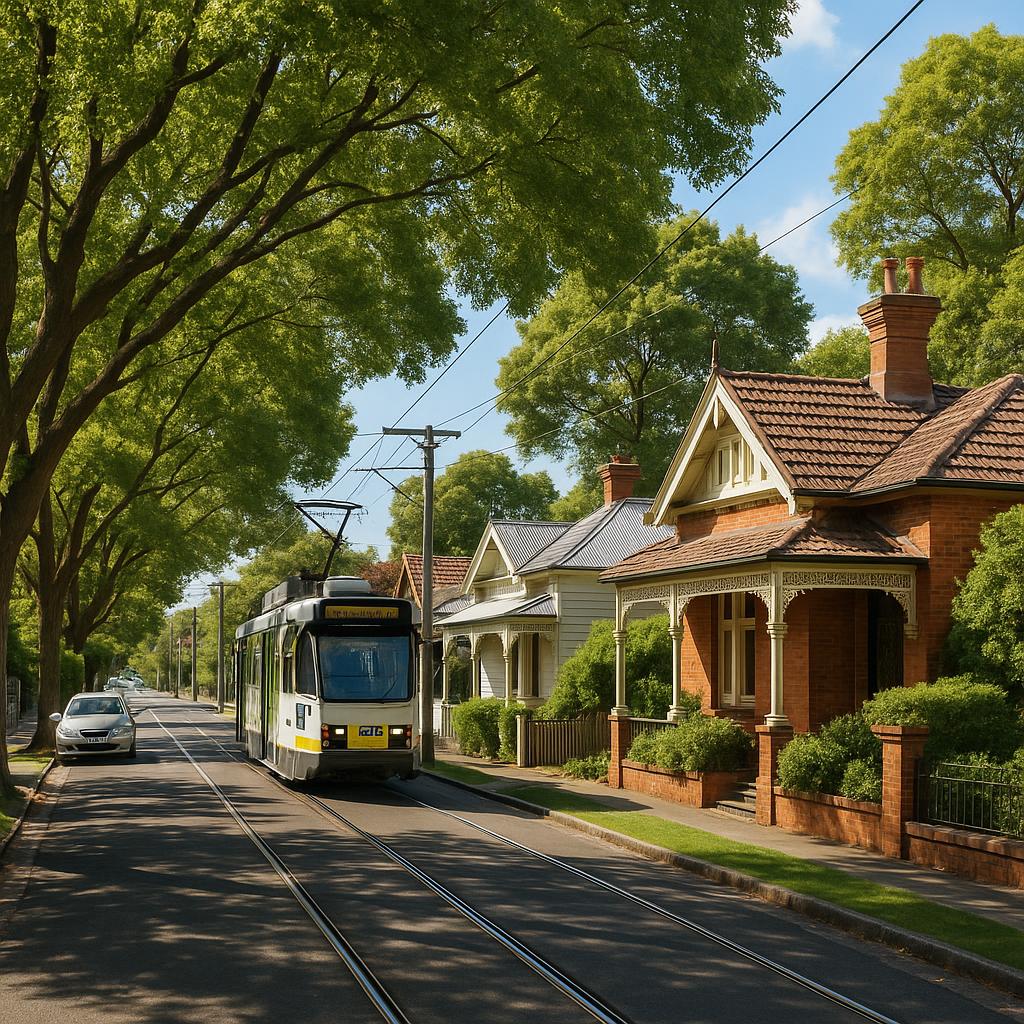Hawthorn streetscape with period homes, leafy trees, and tram access