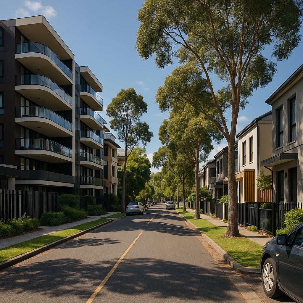 Maribyrnong inner-west Melbourne streetscape with apartments and townhouses