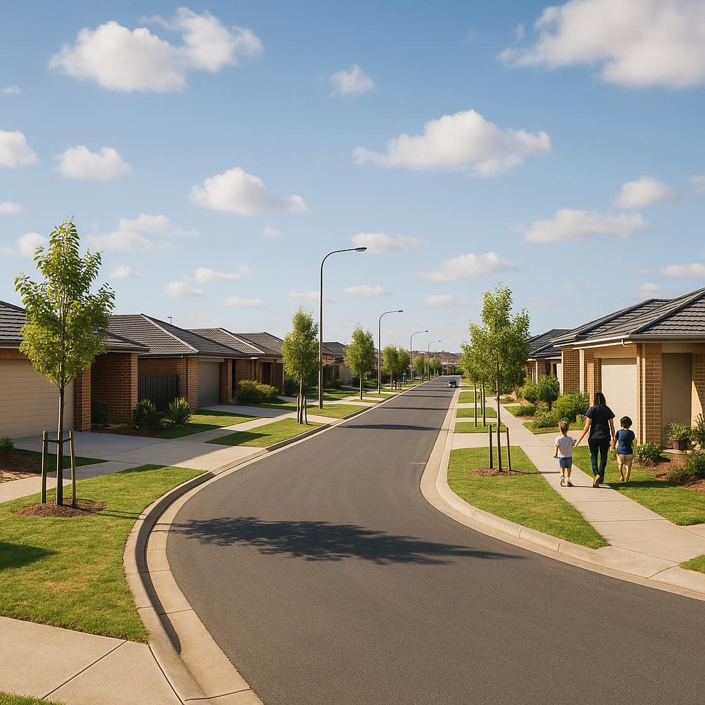 Melton VIC suburban streetscape with detached homes and wide roads