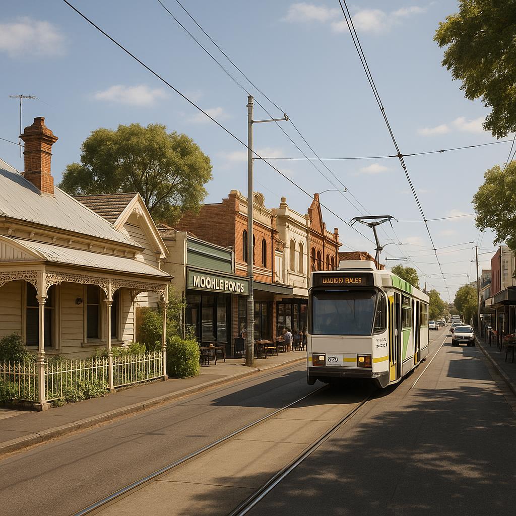 Moonee Ponds streetscape with period homes and tram-lined suburban retail strip